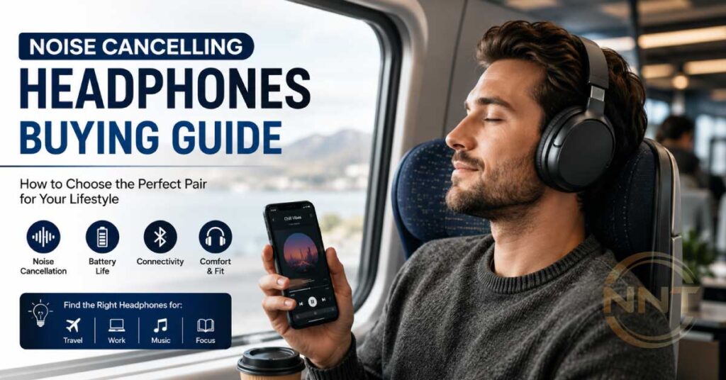 person using noise cancelling headphones during travel