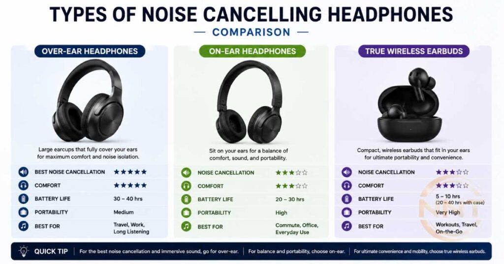 over ear on ear and true wireless noise cancelling headphones comparison
