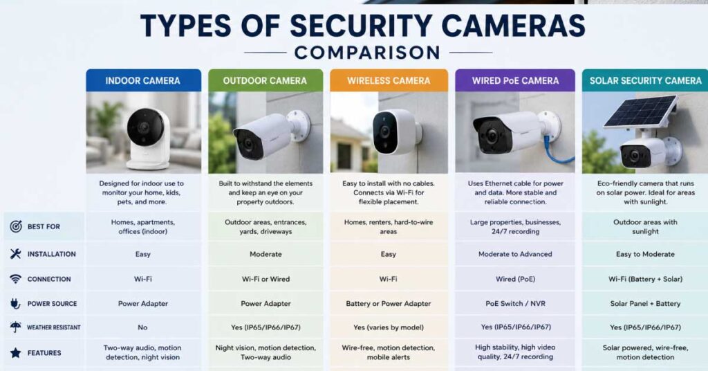 different types of home security cameras indoor outdoor wireless and wired